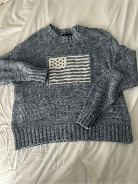 Blue Heather Knit Sweater with Flag Patch